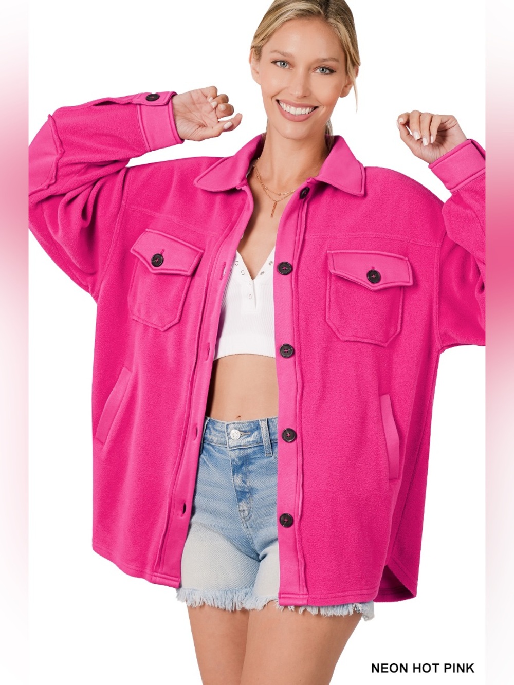 ZENANA NEON HOT PINK OVERSIZED BASIC FLEECE SHACKET NWT